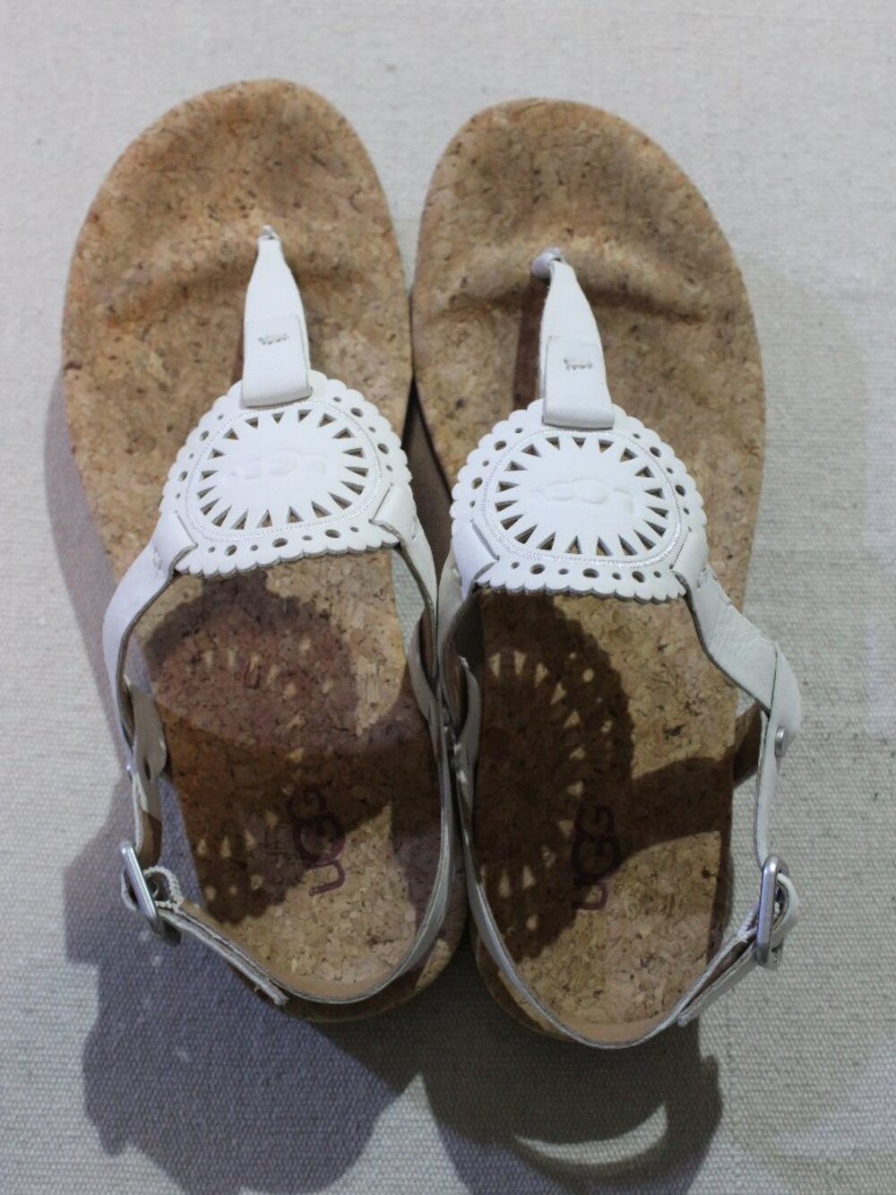 Ugg Ayden II White Leather Cork Footbed Thong Slipback Sandals, Sz 6.5